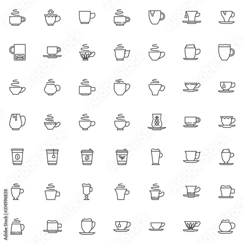 Coffee and tea cup line icons set. Beverages linear style symbols collection, Cafe hot drinks outline signs pack. vector graphics. Set includes icons as cappuccino, mug, espresso, latte, milkshake