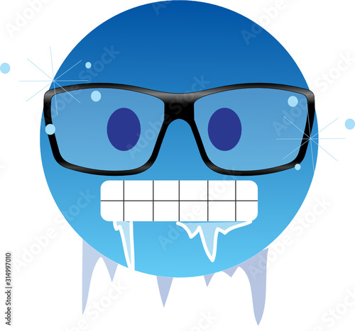 Frozen emoji in glasses. Icy-blue face nerd emoticon wearing glasses, with gritted teeth with icicles clinging to its jaw and lips - frozen from extreme cold. Ice glittering on its face skin.