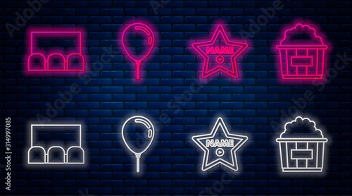 Set line Balloon with ribbon , Hollywood walk of fame star on celebrity boulevard , Cinema auditorium with screen and seats and Popcorn in cardboard box . Glowing neon icon on brick wall. Vector