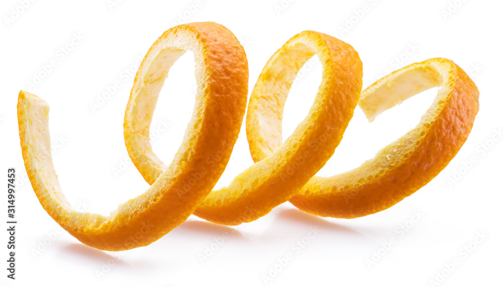 Orange peel or orange twist on white background. Close-up. Orange peel or orange twist on white background. Close-up.