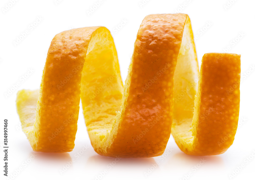 Orange peel or orange twist on white background. Close-up. Orange peel or orange twist on white background. Close-up.