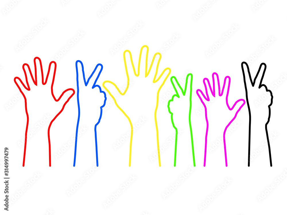 Multicultural team, hands raised up with fingers spread and a sign of victory from multicolored contour curves lines on white background. Vector illustration. Multicultural team, hands raised up with fingers spread and a sign of victory from multicolored contour curves lines on white background. Vector illustration.