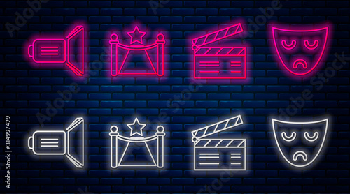 Set line Carpet with barriers and star , Movie clapper , Movie spotlight and Drama theatrical mask . Glowing neon icon on brick wall. Vector