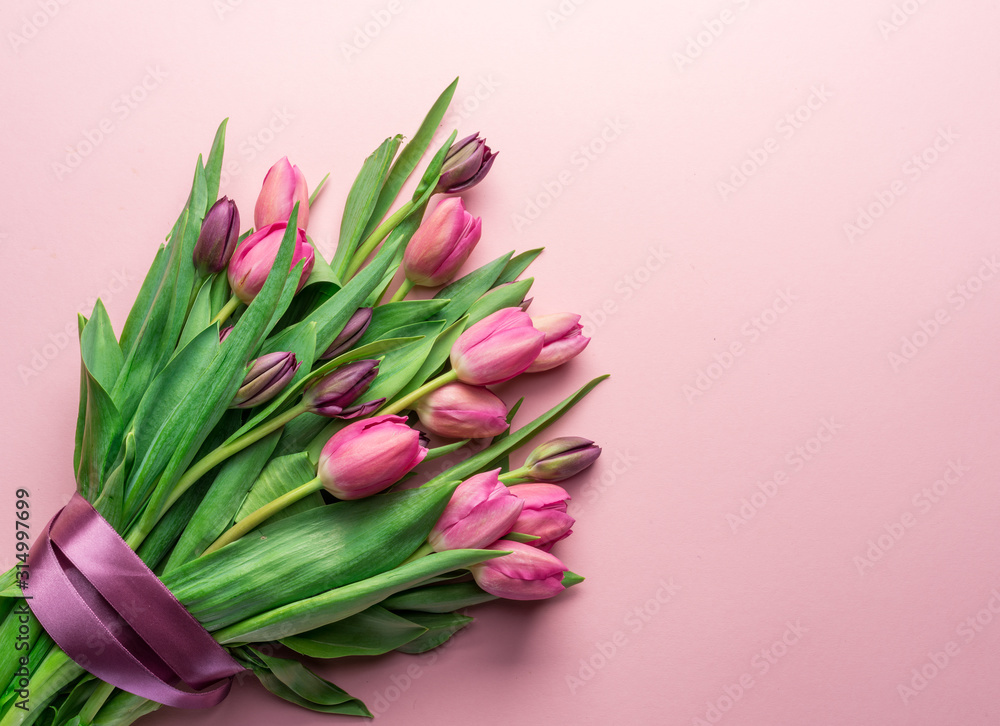 Bouquet pink tulips on lightpink background. Bouquet pink tulips on lightpink background.