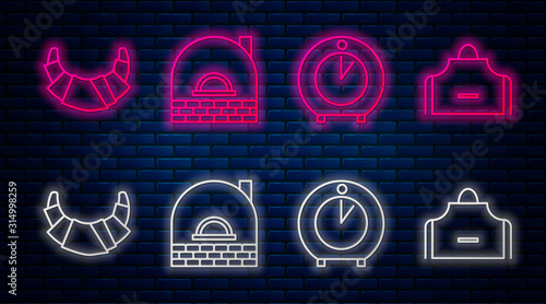 Set line Brick stove , Kitchen timer , Croissant and Kitchen apron . Glowing neon icon on brick wall. Vector