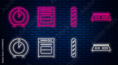 Set line Oven , French baguette bread , Kitchen timer and Electronic scales . Glowing neon icon on brick wall. Vector