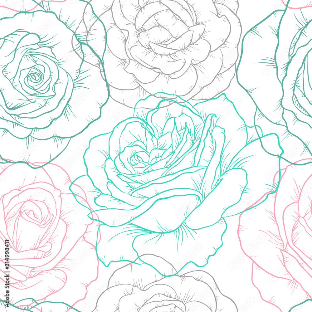 Beautiful seamless pattern with outline roses. Hand drawn contour lines ...