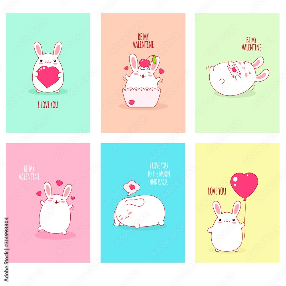 Set of cute Valentine's day stickers with rabbits in kawaii style Set of cute Valentine's day stickers with rabbits in kawaii style