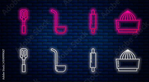 Set line Kitchen ladle , Rolling pin , Spatula and Citrus fruit juicer . Glowing neon icon on brick wall. Vector