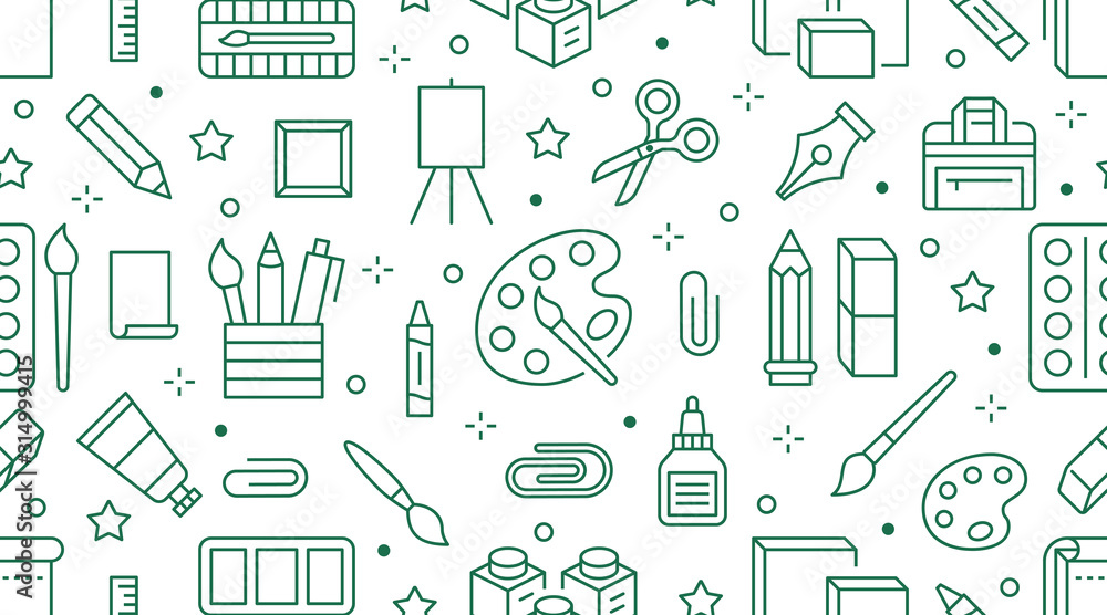 Stationery background, school tools seamless pattern. Art education  wallpaper with line icons of pencil, pen, paintbrush, palette, notebook.  Painter supplies vector illustration green white color Stock Vector | Adobe  Stock