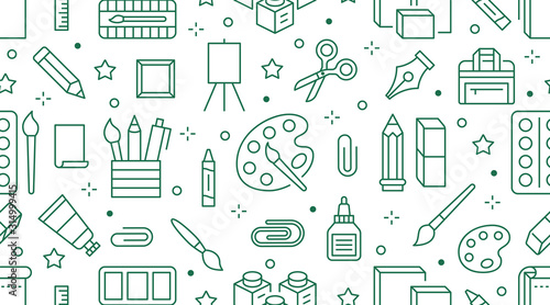 Stationery background, school tools seamless pattern. Art education wallpaper with line icons of pencil, pen, paintbrush, palette, notebook. Painter supplies vector illustration green white color