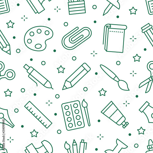Stationery background  school tools seamless pattern. Art education wallpaper with line icons of pencil  pen  paintbrush  palette  notebook. Painter supplies vector illustration green white color
