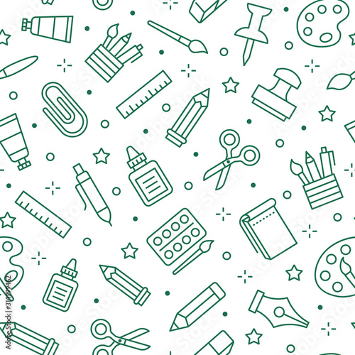 Stationery background, school tools seamless pattern. Art education wallpaper with line icons of pencil, pen, paintbrush, palette, notebook. Painter supplies vector illustration green white color