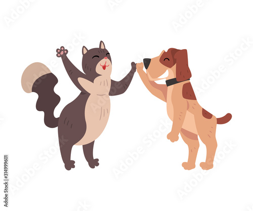 Funny Cat and Dog Together Giving High Five to Each Other  Happy Pets Animals Characters are Best Friends Vector illustration