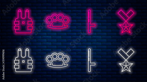 Set line Brass knuckles , Police rubber baton , Bulletproof vest for protection from bullets and Military reward medal . Glowing neon icon on brick wall. Vector
