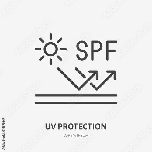 Sun uv protection line icon, vector pictogram of sunscreen spf. Skincare illustration, sign for cream, cosmetics packaging
