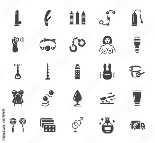 Sex shop flat glyph icons set. Adult toys, vibrator, dildo, bdsm handcuffs, perfume with pheromones, stimulant vector illustrations. Black signs for sexshop. Silhouette pictogram pixel perfect 64x64