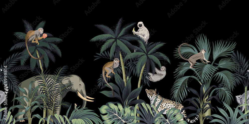 Fototapete mit Dunkle Dschungelnacht Elefant Affe Faultier #314999814