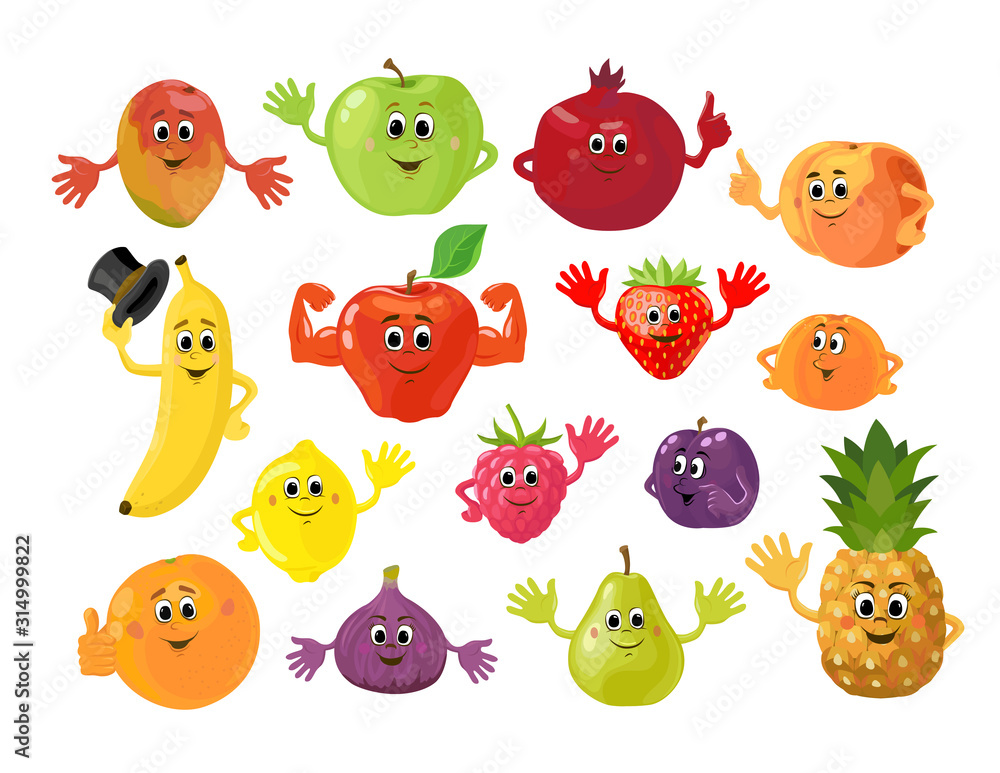 Set of cartoon funny fruits and berries. Cute fruit and berry with smiling  faces and greeting gestures. Vector illustration isolated on the white  background. Stock Vector | Adobe Stock