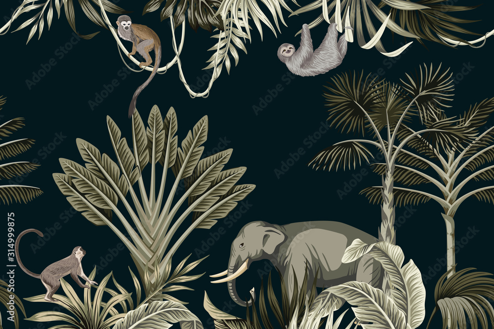 custom made wallpaper toronto digitalTropical night vintage wild animals elephant, monkey, sloth, palm tree, liana, palm leaves floral seamless border black background. Exotic jungle wallpaper.