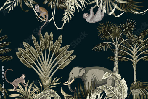 Tropical night vintage wild animals elephant, monkey, sloth, palm tree, liana, palm leaves floral seamless border black background. Exotic jungle wallpaper.