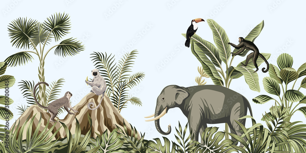 Fototapete mit Exotische Safari Elefant Lemur Berge #315000045