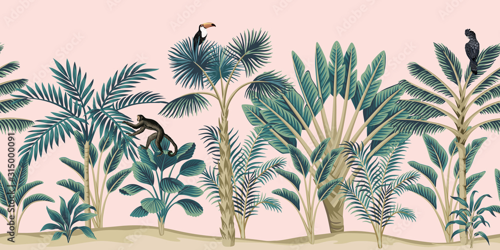 Fotobehang met Roze jungle met toekan en aapje #315000091