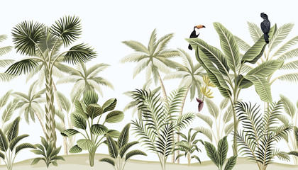 Fototapete Vintage botanische Landschaft Exotischer Dschungel Tukan Papagei Blau  © good_mood