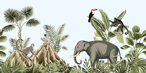 Fototapete Vintage botanische Landschaft Exotische Safari Elefant Lemur Berge  © good_mood