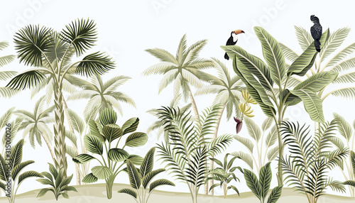 Tropical vintage botanical landscape, palm tree, banana tree, plant, black parrot, toucan floral seamless border blue background. Exotic green jungle animal wallpaper.