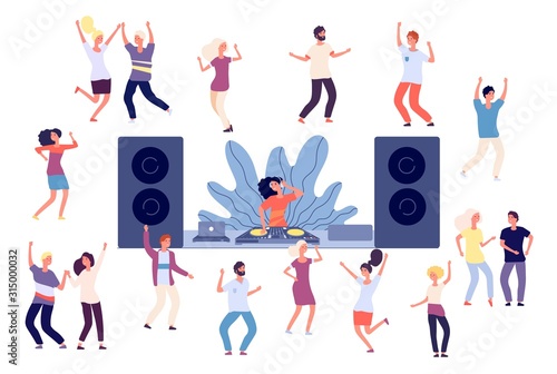 Dancing people. DJ disco party, dance women, men and couples. Happy friends on music event, fun isolated vector characters. Illustration dj music party, club discotheque and entertainment
