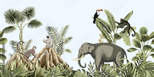 Tropical vintage botanical landscape, elephant, monkey, lemur wild animal, toucan bird, mountain, palm tree, banana tree, plant floral seamless border blue background. Exotic green jungle wallpaper.