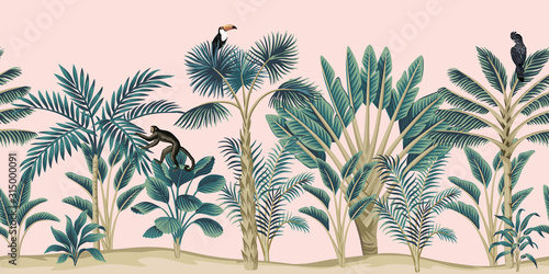 Tropical vintage botanical landscape  palm tree  banana tree  plant  monkey  toucan  black parrot floral seamless border pink background. Exotic jungle animal wallpaper.