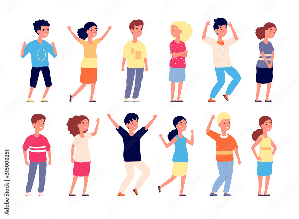 Fototapeta premium Emotional kids. Children faces expression, emotion kid. Group of teens laugh, cry and joy. Vector isolated little girls and boys characters. Illustration feeling confused or angry, cheerful and laugh