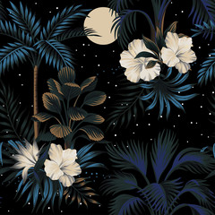 Gardinen Mustersammlungen Tropische Vintage Nachtlandschaft, dunkle Palmen, Hibiskusblüte, Palmblätter, Sterne und Mond floral nahtlose Muster schwarzer Hintergrund. Exotische Dschungeltapete.  © good_mood