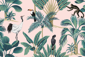 Handdoek met foto Palmbomen patronen Roze chinoiserie jungle met toekan  © good_mood