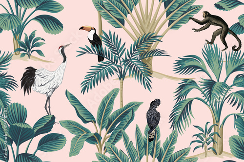 Tropischer Vintage botanischer Wildtierkran, Papagei, Tukan, Affe Blumenpalme nahtlose Muster rosa Hintergrund. Exotische Dschungeltapete.