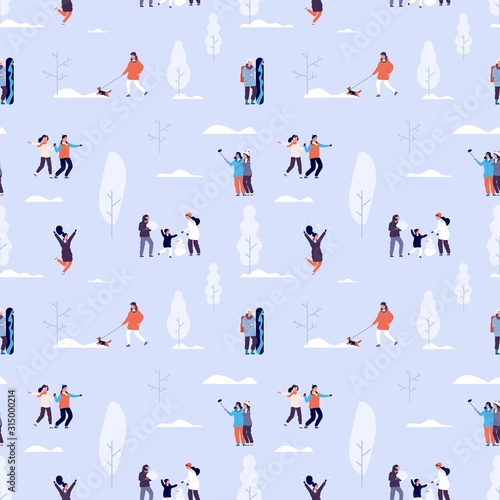 Winter time seamless pattern. Couples and kids outdoor, people in snowy forest background. Winter activities vector texture. Activity in winter forest, snowman with happy family illustration