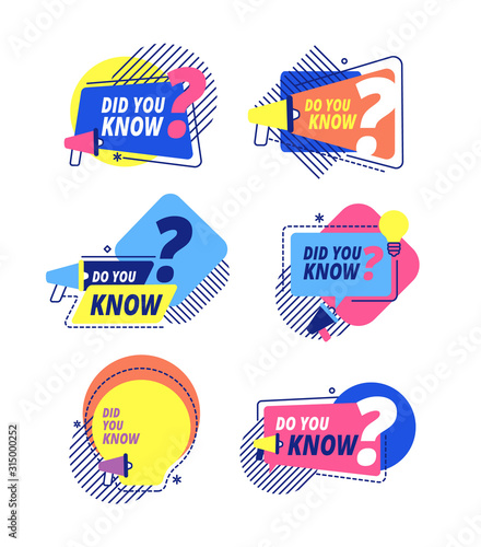 Did you know. Idea labels, sticker with question discussion. Talking facts, speech bubbles icons for marketing or sales. Vector labels set. Ask message bubble, badge promotion question illustration