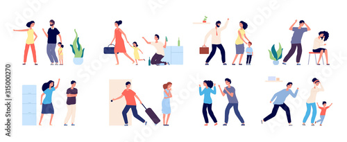 Family abuse. Angry people scolding, fight and suffering. Quarrel and violence, disregard feelings. Conflict relationships vector concept. Illustration woman and man quarrel, wife and husband with kid
