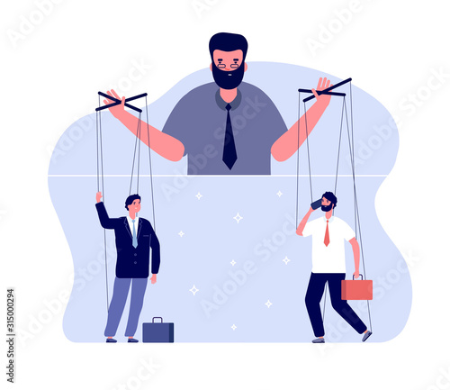 Master of puppets. Political controlling, business boss and workers. Team control and marionettes. Vector puppeteer leads people concept. Illustration control puppet and master manipulation