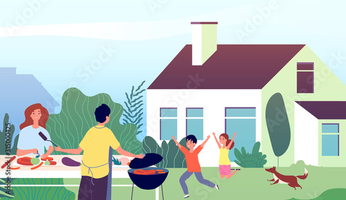 Picnic time. Garden bbq party. Family backyard barbecue cooking. Mother and father with happy children. Vector outdoor leisure illustration. Family grilling barbecue party, summer outdoor cooking
