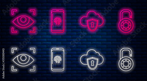 Set line Smartphone with fingerprint scanner , Cloud and shield, Eye scan and Safe combination lock wheel . Glowing neon icon on brick wall. Vector