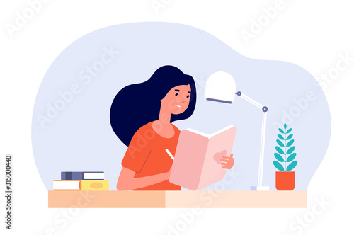 Girl diary. Woman write journal. Student studying with book. Teenager draws in cute paper notebook. Vector female character illustration. Write journal teen, note in diary, notebook writer photo