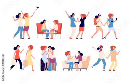 Female friendship. Women friend together, girls activity. Smiling people at cafe and walking, dance and make selfie. Sisterhood vector set. Illustration friendship female group, character together