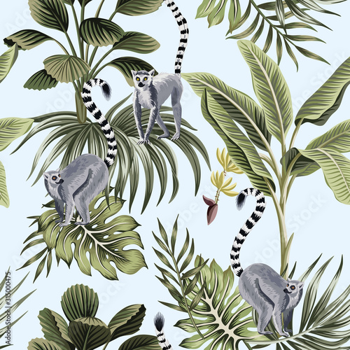 Fototapeta Naklejka Na Ścianę i Meble -  Tropical vintage animal lemur, palm trees, banana tree, palm leaves floral seamless pattern blue background. Exotic jungle wallpaper.