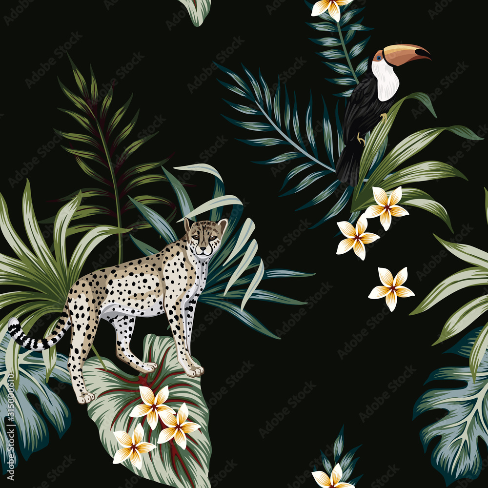 Tropical vintage wild animal leopard, toucan floral palm leaves seamless pattern black background. Exotic jungle wallpaper.