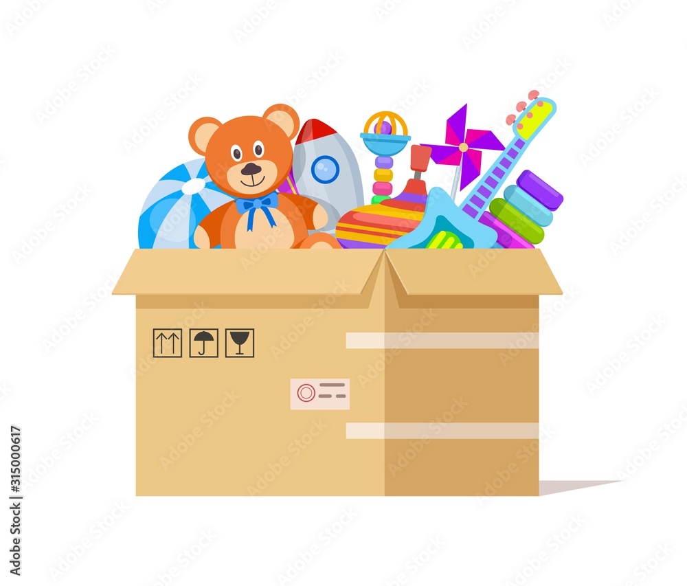 Toy box. Donate toys, charity kids support. Volunteer donations for poor children in cardboard parcel. Endowing child vector illustration. Donation box humanitarian with toys, rocket and teddy