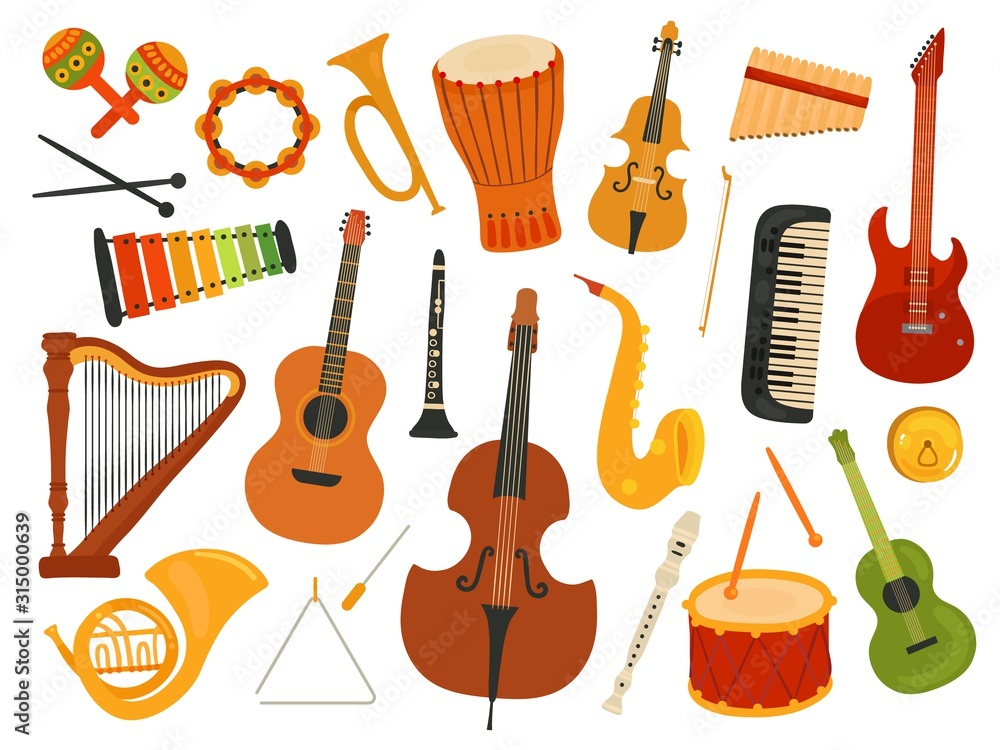 Vecteur Stock Musical instruments. Music sound instrument, harp and flute,  synthesizer and drum. Graphics instrumental toys. Vector melody festival  set. Illustration synthesizer and flute, guitar and harp | Adobe Stock