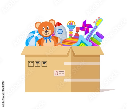 Toy box. Donate toys, charity kids support. Volunteer donations for poor children in cardboard parcel. Endowing child vector illustration. Donation box humanitarian with toys, rocket and teddy